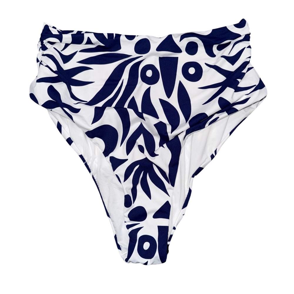 BALTIC BORN Bali High Rise Bikini Bottom White Navy Leaf Print‎ M